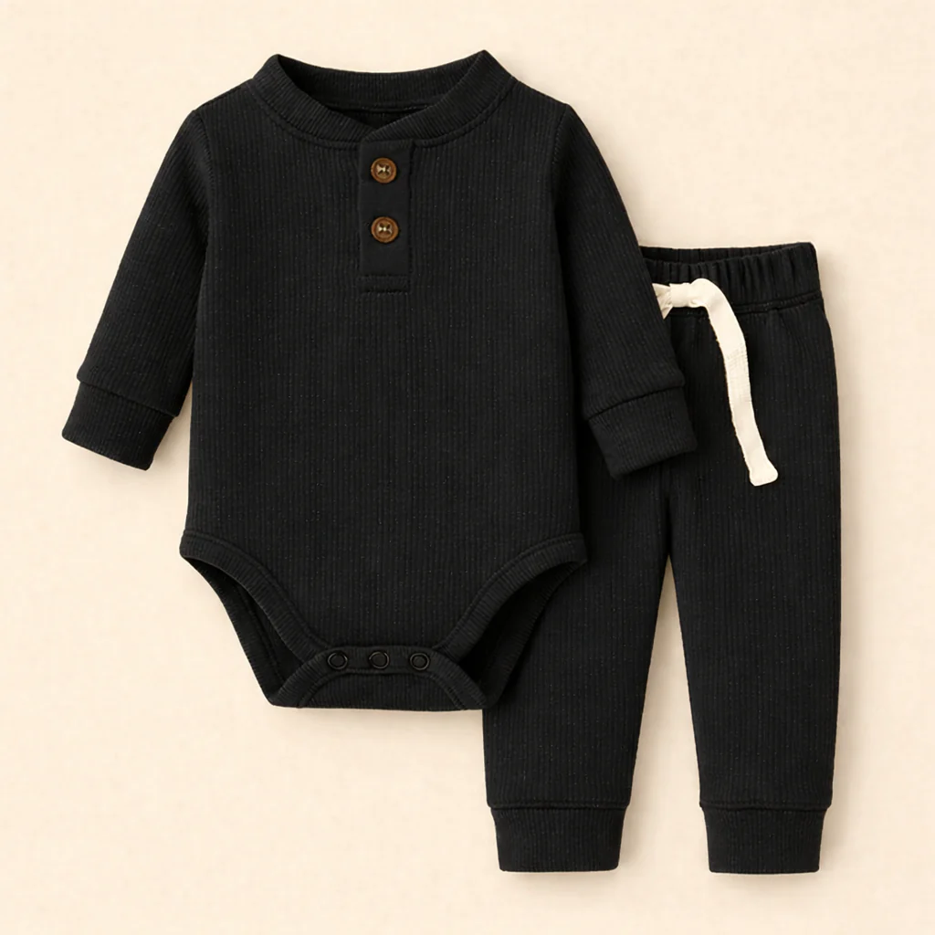 Baby Rib Bodysuit & Pajama Black - Oolaa