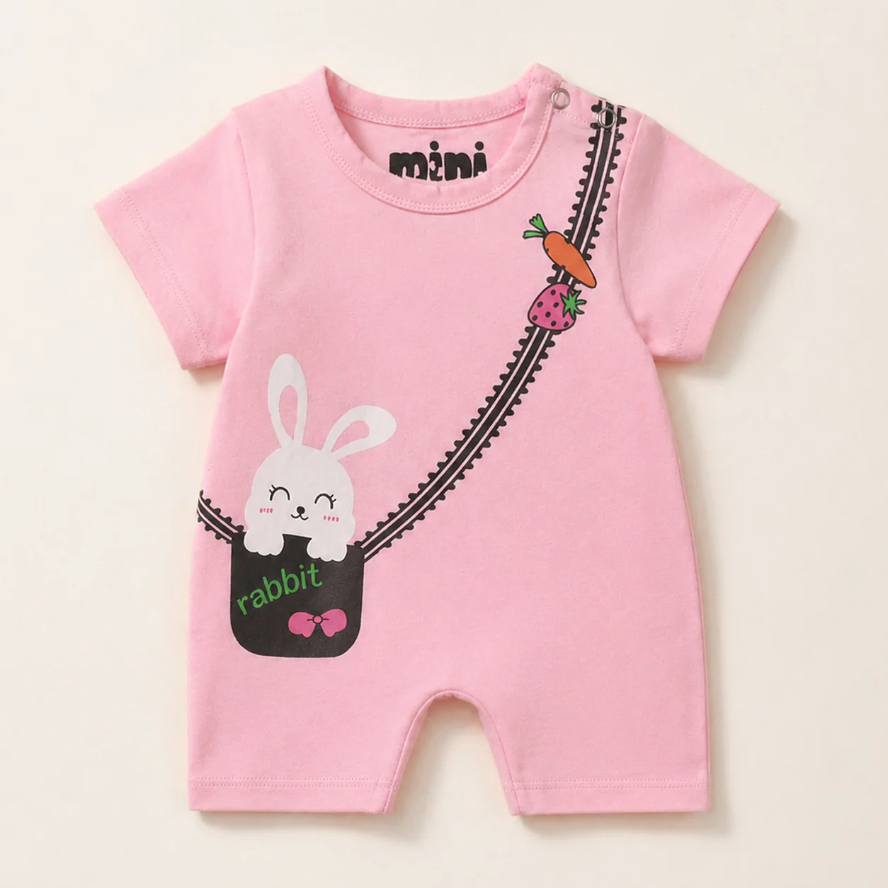 Baby Short-Body Printed Cotton Romper Rabbit Pink - Mini Charm