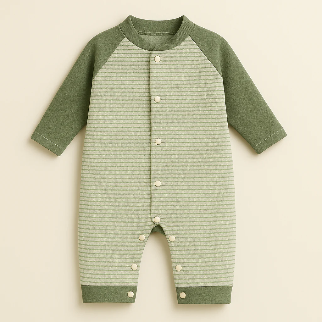 Baby Full Sleeves Fleece Romper Stripes Green - Sunshine