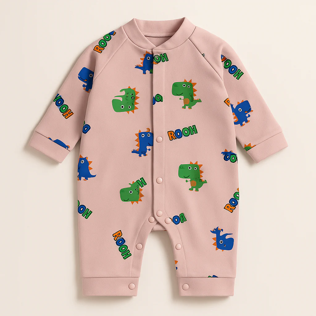 Baby Full Sleeves Fleece Romper Dinosaurs Beige - Sunshine