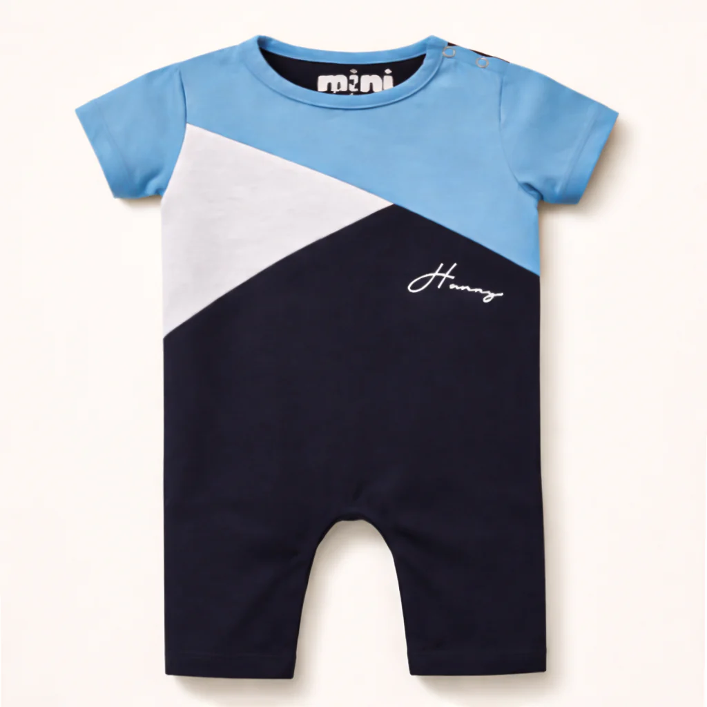 Baby Short-Body Printed Cotton Romper Blue & White - Mini Charm