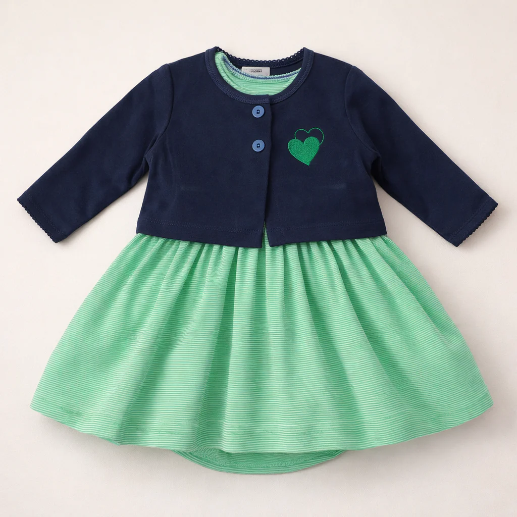 Baby Girls 2Pcs Bodysuit Cardigan Set Heart Green & Navy Blue - Sunshine